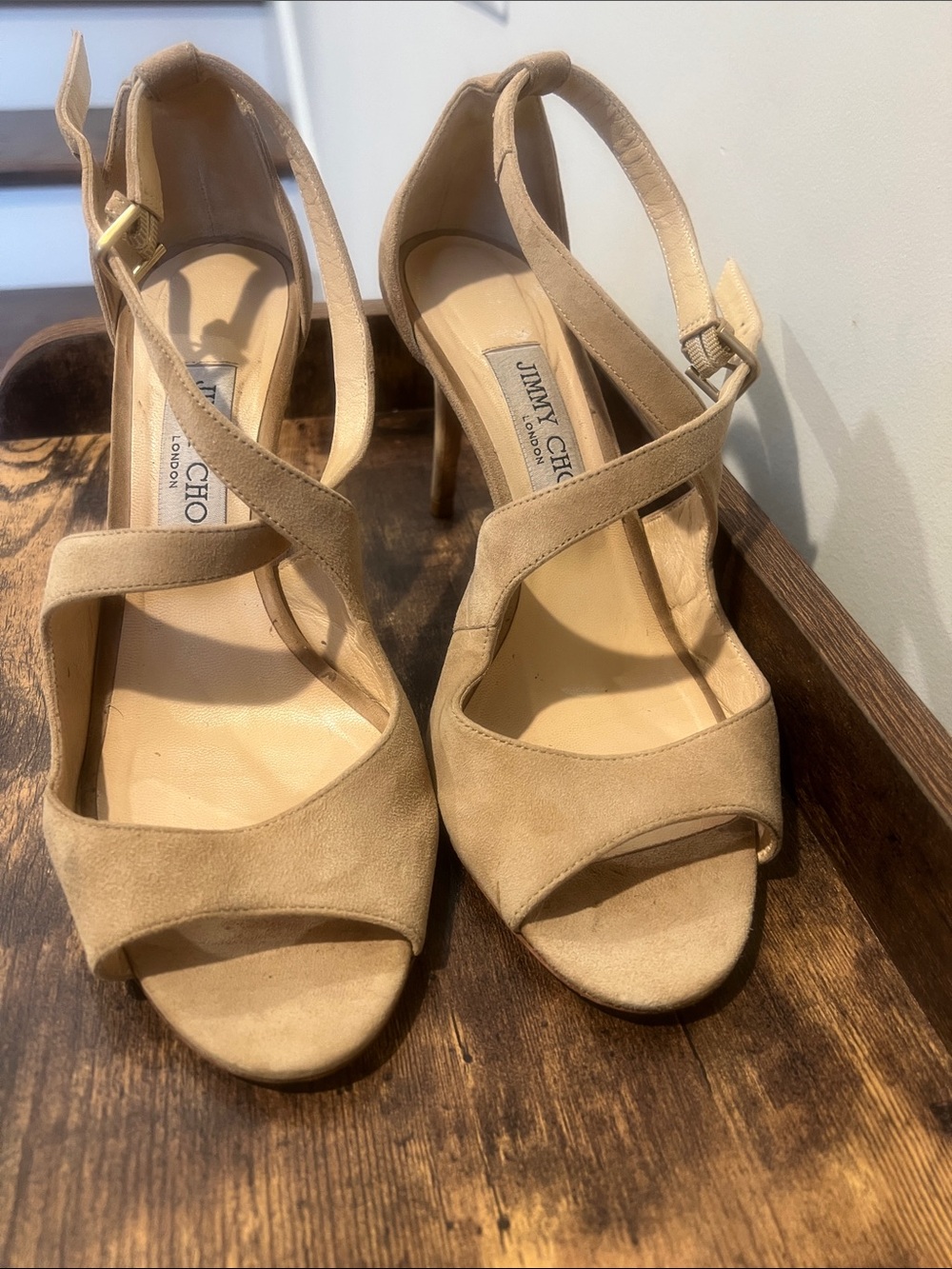 Jimmy Choo Neutral Suede Crisscross Slingback Heels